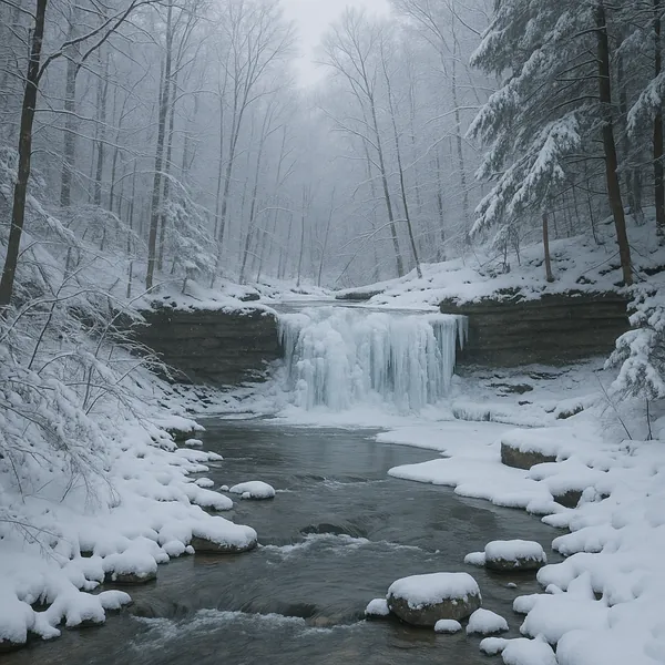 Enjoy an online jigsaw puzzle designed for browser play, featuring a peaceful winter nature scene of a frozen waterfall surrounded by snow-draped trees.