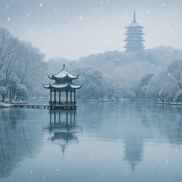 Discover a puzzle with a tranquil winter scene of a traditional pagoda pavilion floating on a glassy lake beneath gentle falling snow.