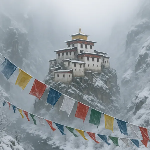 Discover a puzzle with a secluded mountain monastery perched on a rocky spire, draped in fresh snow and soft mist.
