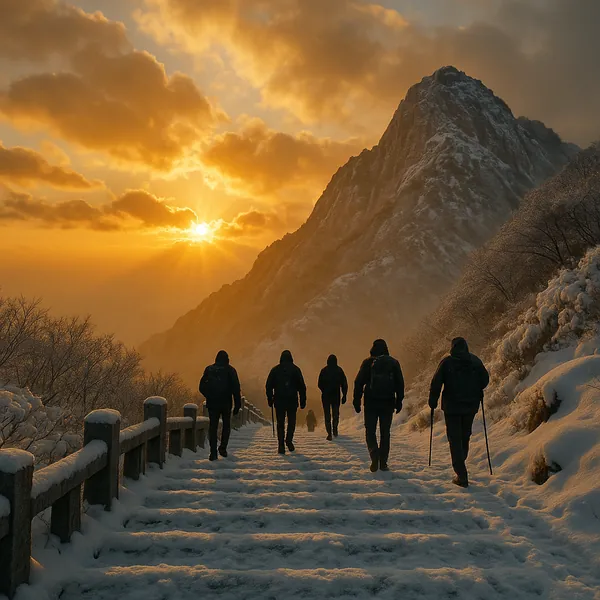 Enjoy assembling a puzzle depicting a small group of hikers walking up snow-covered stone steps toward a dramatic, craggy mountain under a golden sunrise.