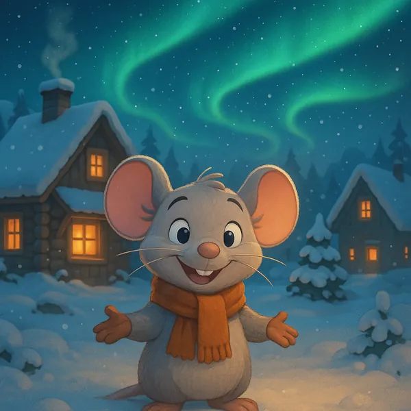 Enjoy assembling a puzzle depicting an adorable cartoon mouse bundled in an orange scarf, standing in a snowy village with glowing cottage windows and softly fa