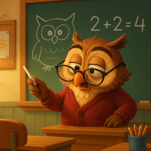 Discover a puzzle with a charming illustrated owl teacher standing at a wooden desk in a cozy classroom, pointing with chalk in front of a green chalkboard that