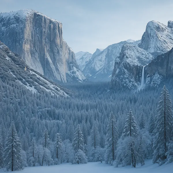 Here’s an online jigsaw puzzle you can play in your browser, featuring a serene winter mountain landscape and towering granite cliffs blanketed in snow.