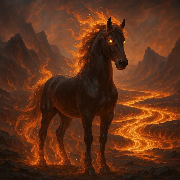 This online jigsaw puzzle features a dramatic fantasy scene of a fiery horse set against a volcanic landscape, perfect for fans of animals and mythical art.