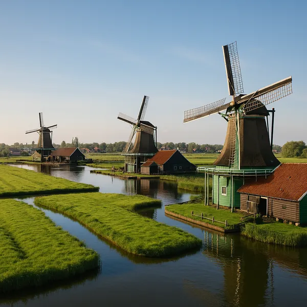 Discover a puzzle with a serene row of classic windmills standing beside reflective canals and ribbon-like strips of vivid green grass.