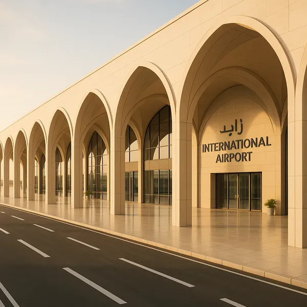 Discover a puzzle with a serene international airport façade framed by a long row of elegant stone arches.