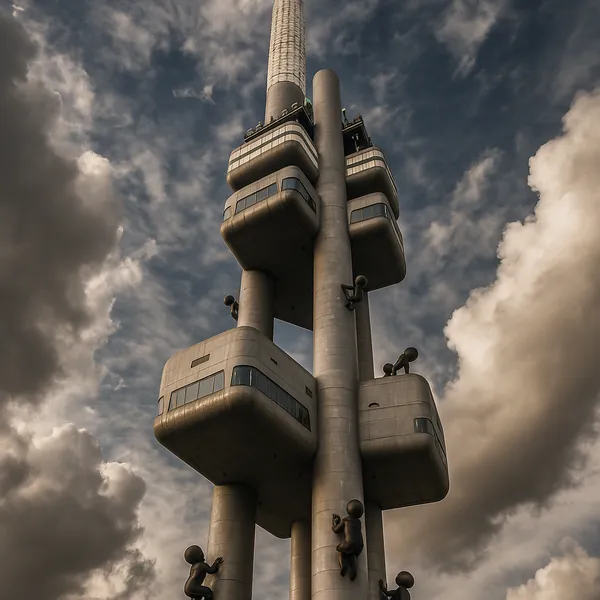 Discover a puzzle featuring a striking modern tower with stacked, pod-like observation rooms and sleek metallic columns set against a brooding, cloud-filled sky