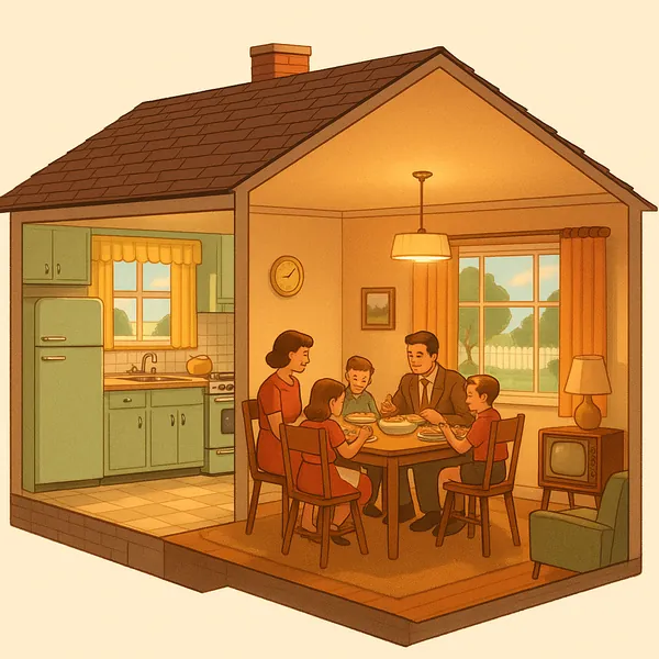 This online jigsaw puzzle features a cozy mid-century family dinner scene set inside a warm, inviting home interior, perfect for fans of domestic and retro-them
