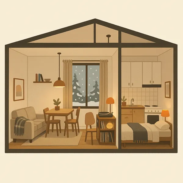 Enjoy an online jigsaw puzzle designed for browser play, featuring a cozy home interior cutaway that blends domestic comfort with a wintery view.