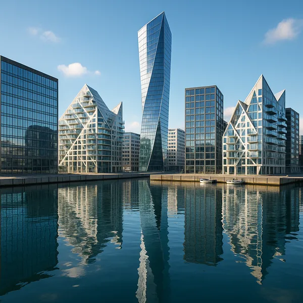 Enjoy an online jigsaw puzzle designed for browser play, featuring modern city architecture along a tranquil waterfront.