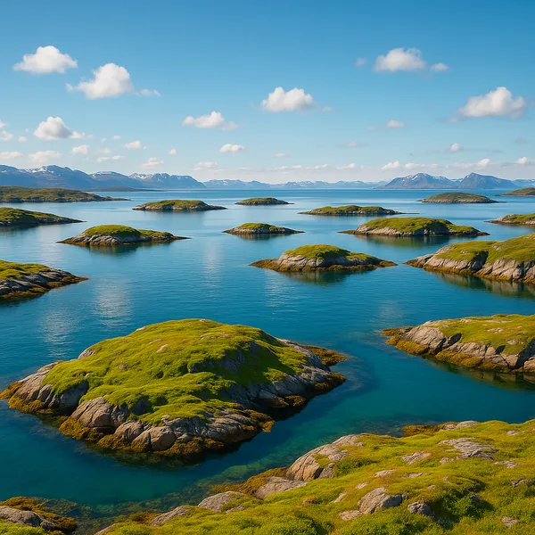 Play an online jigsaw puzzle in your browser that shows a serene coastal landscape of small grassy islets scattered across glassy blue waters.