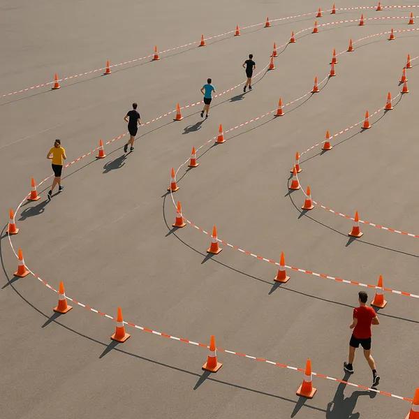Enjoy an online jigsaw puzzle designed for browser play, featuring a minimalist sports scene with runners navigating a winding course.