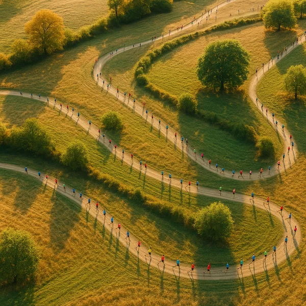 Enjoy an online jigsaw puzzle designed for browser play, featuring a serene outdoor scene of winding country paths and people moving through a sunlit meadow.