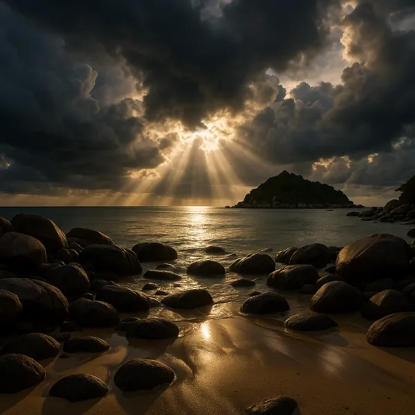 Enjoy an online jigsaw puzzle designed for browser play, featuring a dramatic coastal nature scene with rocky shores, a distant island, and sunbeams piercing st