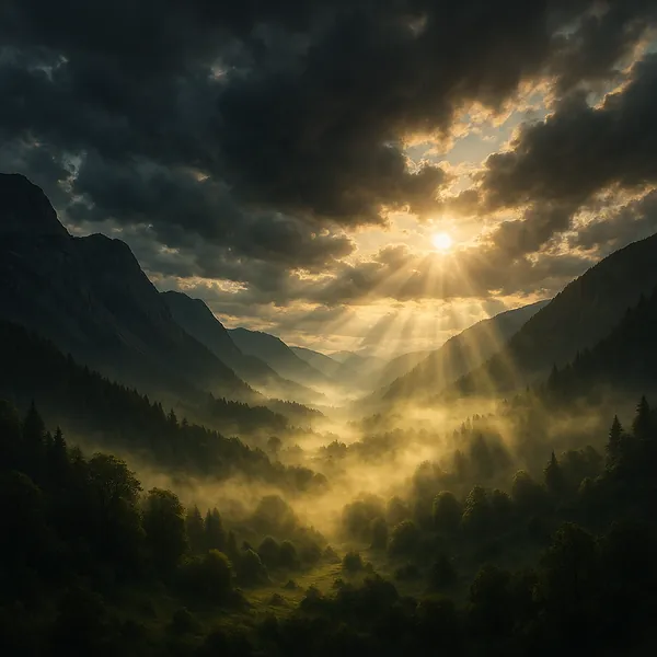 This online jigsaw puzzle features a dramatic mountain valley at sunrise, perfect for nature lovers who enjoy atmospheric landscapes.