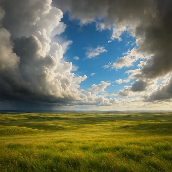 Enjoy an online jigsaw puzzle designed for browser play, featuring a sweeping nature scene of rolling green plains under a dramatic sky.