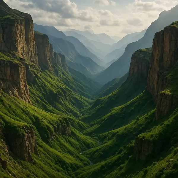 Enjoy an online jigsaw puzzle designed for browser play, featuring a sweeping mountain valley landscape filled with cliffs and lush greenery.