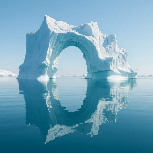 Play an online jigsaw puzzle in your browser that shows a stunning natural scene of an iceberg arch set against a clear Arctic sky.
