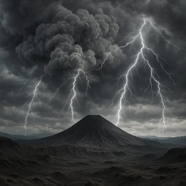 Enjoy an online jigsaw puzzle designed for browser play, featuring a dramatic natural scene of a volcano under a stormy sky.