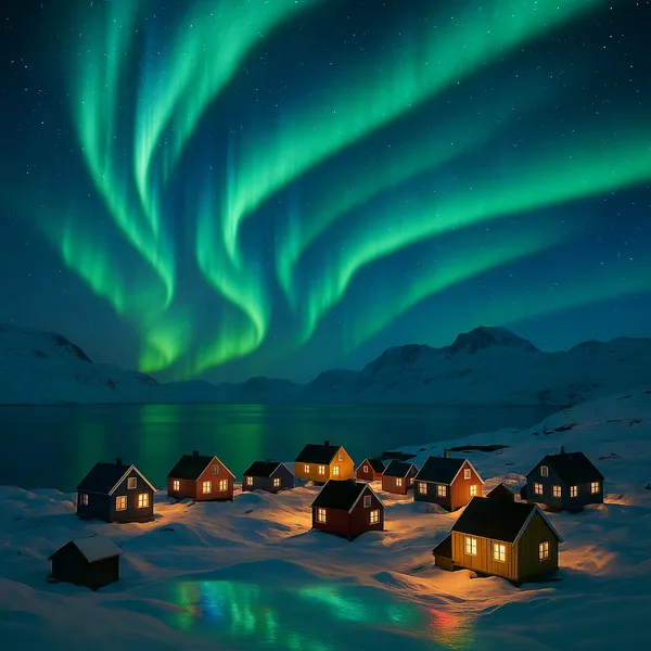 Enjoy an online jigsaw puzzle designed for browser play, featuring a breathtaking nature scene of the aurora borealis dancing above a snowy coastal village.
