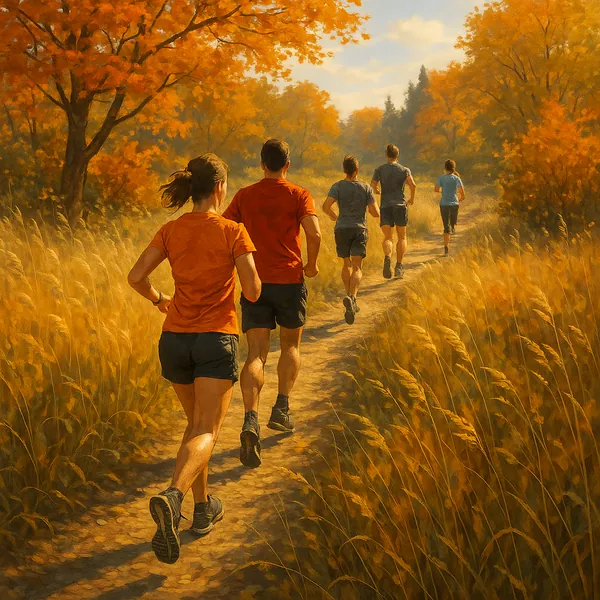 Enjoy an online jigsaw puzzle designed for browser play, featuring a warm autumn nature scene of people running along a sunlit trail.