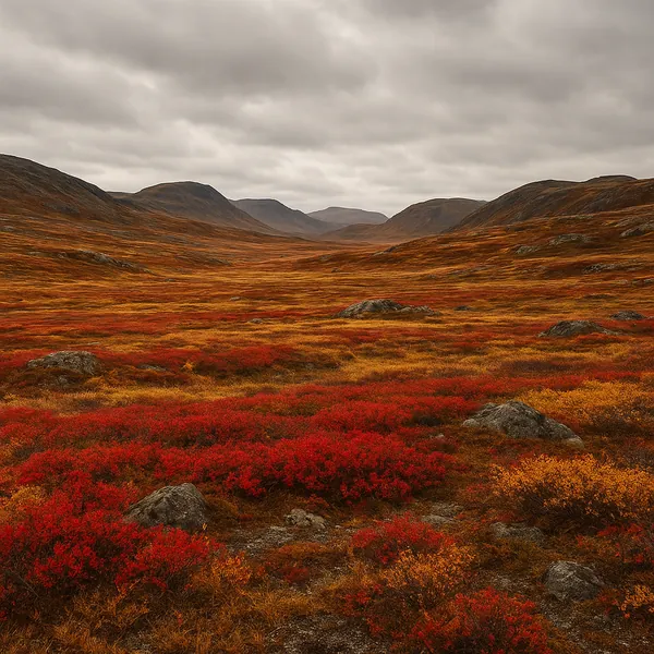 Enjoy an online jigsaw puzzle designed for browser play, featuring a sweeping autumn tundra landscape in nature's warm hues.