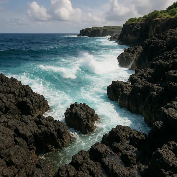 Enjoy an online jigsaw puzzle designed for browser play, featuring a rugged coastal scene where turquoise ocean waves meet dark volcanic cliffs.