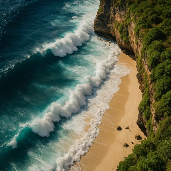 Enjoy an online jigsaw puzzle designed for browser play, featuring a dramatic coastal scene of waves meeting a secluded sandy cove.