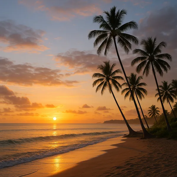 Enjoy an online jigsaw puzzle designed for browser play, featuring a tranquil tropical beach at sunset.