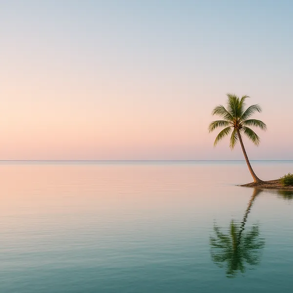 Enjoy an online jigsaw puzzle designed for browser play, featuring a serene coastal scene with a single leaning palm tree beside calm water.
