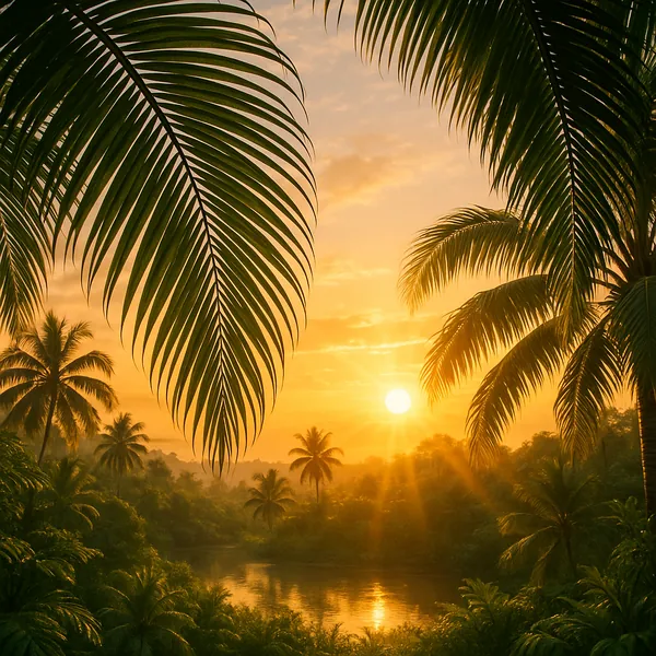 Enjoy an online jigsaw puzzle designed for browser play, featuring a tranquil tropical nature scene bathed in golden light.