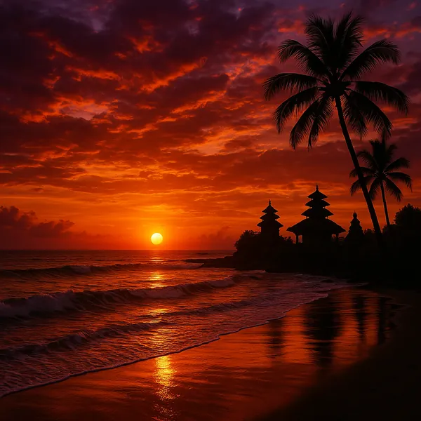 Enjoy an online jigsaw puzzle designed for browser play, featuring a dramatic coastal sunset with tropical palms and temple silhouettes.