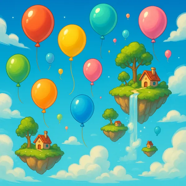 Enjoy an online jigsaw puzzle designed for browser play, featuring a whimsical fantasy sky scene of floating islands, tiny cottages, and bright balloons.