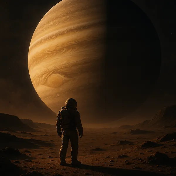 Enjoy an online jigsaw puzzle designed for browser play, featuring a striking space scene with an astronaut standing beneath a colossal gas giant.