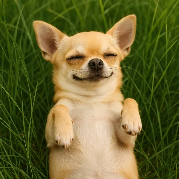 This online jigsaw puzzle features a content little dog basking in a patch of fresh green grass, perfect for animal lovers and cozy nature scenes.