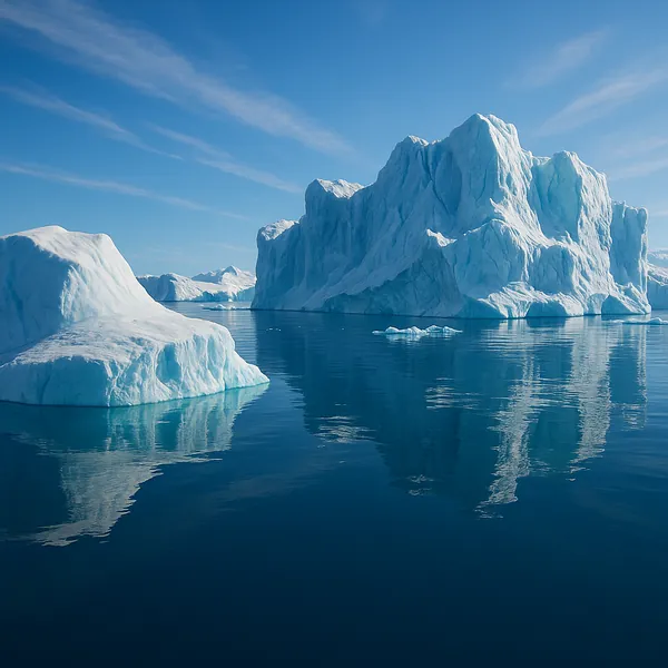 Enjoy an online jigsaw puzzle designed for browser play, featuring a tranquil Arctic scene of towering icebergs and open water.