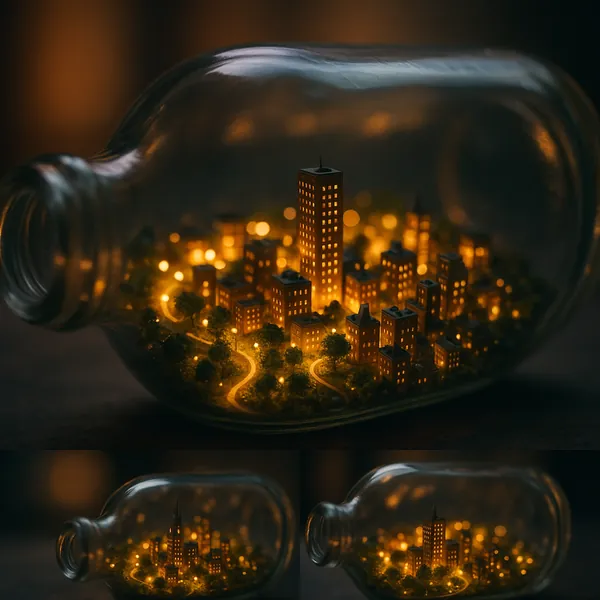 Enjoy an online jigsaw puzzle designed for browser play, featuring a tiny illuminated city tucked inside a glass bottle — a whimsical blend of urban and miniatu
