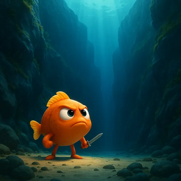 Enjoy an online jigsaw puzzle designed for browser play, featuring a whimsical underwater scene with a brave little orange fish.