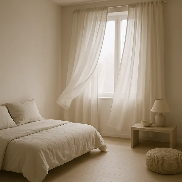 Enjoy an online jigsaw puzzle designed for browser play, featuring a serene minimalist bedroom scene and calm home interior decor.