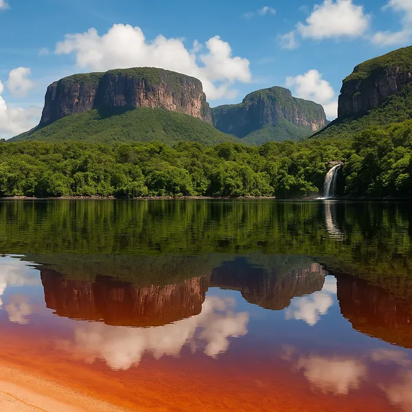 Play an online jigsaw puzzle in your browser that shows a serene nature landscape with dramatic flat-topped mountains, a fringe of emerald forest, and a sparkli