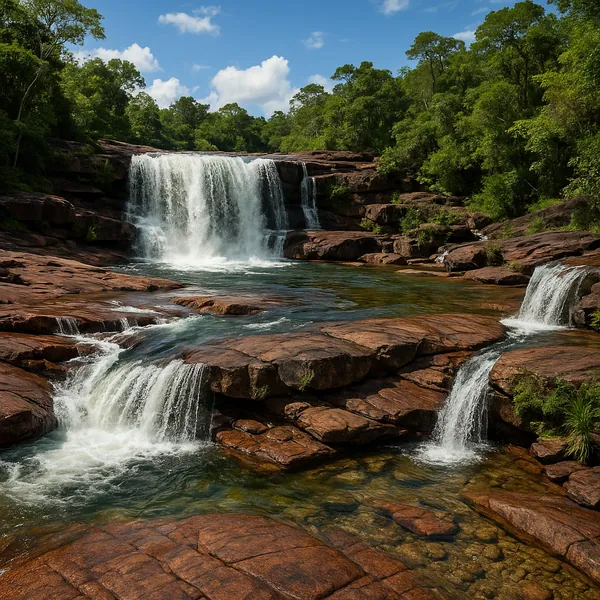 Enjoy an online jigsaw puzzle designed for browser play, featuring a serene waterfall scene in a lush natural setting.