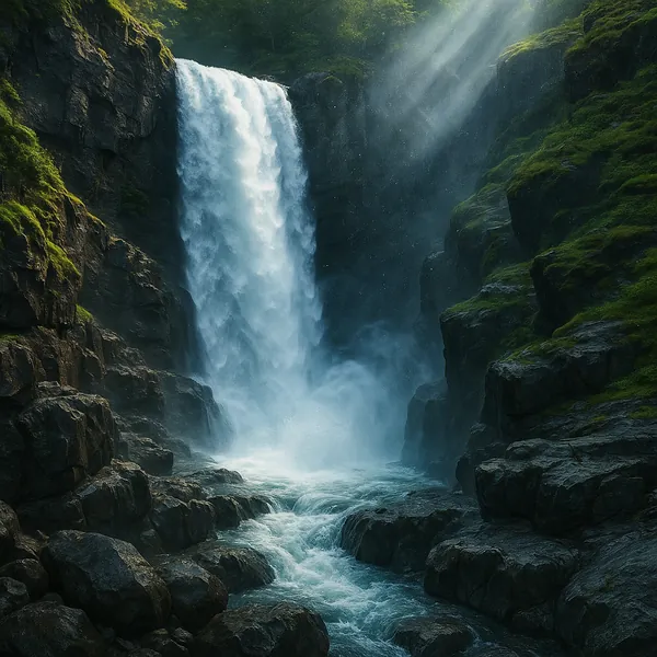This online jigsaw puzzle features a dramatic nature scene of a cascading waterfall set between moss-covered cliffs, perfect for a peaceful browser play session