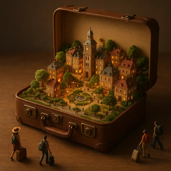 Enjoy an online jigsaw puzzle designed for browser play, featuring a cozy miniature city tucked inside an open vintage suitcase — a charming blend of travel and