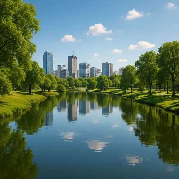 This online jigsaw puzzle features a peaceful city park scene with a bright skyline mirrored in a calm river, perfect for browser play.