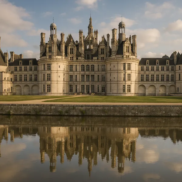 Enjoy an online jigsaw puzzle designed for browser play, featuring a stately stone château and its mirror-like reflection — an architectural scene that invites