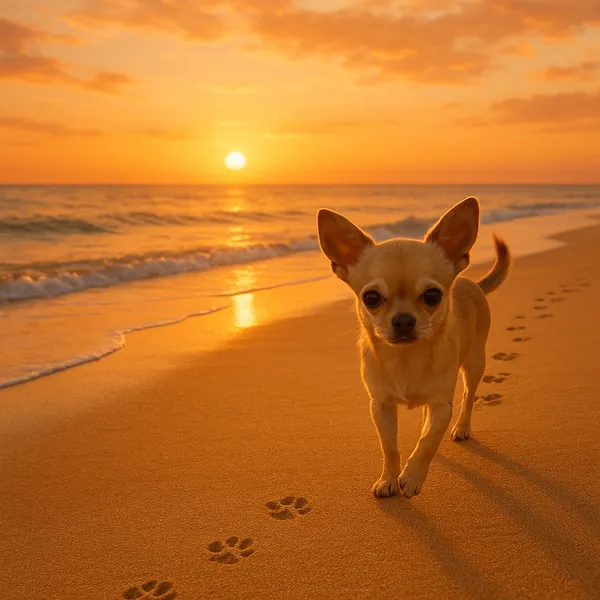 Enjoy an online jigsaw puzzle designed for browser play, featuring a tiny dog strolling along a golden beach at sunset — a heartwarming blend of animals and nat