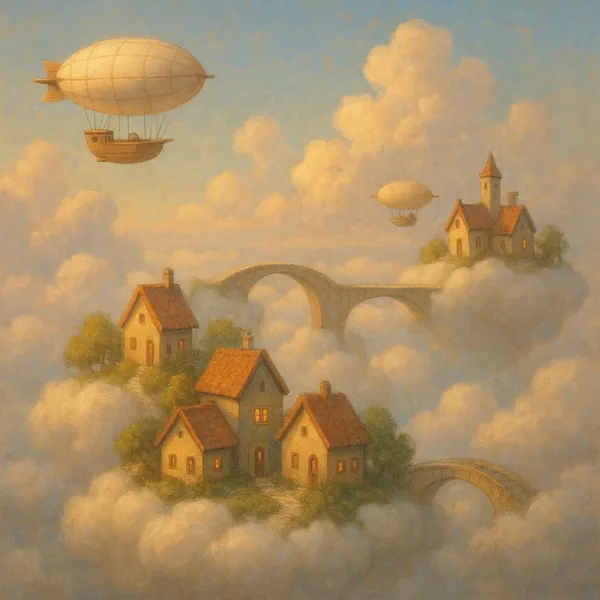 Enjoy an online jigsaw puzzle designed for browser play, featuring a whimsical floating village and gentle airships drifting through cottony clouds.