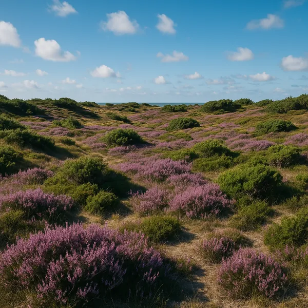 Enjoy an online jigsaw puzzle designed for browser play, featuring a tranquil coastal heathland in full bloom.