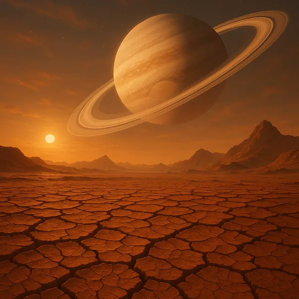 Enjoy an online jigsaw puzzle designed for browser play, featuring a dramatic space-themed landscape with a ringed giant planet hanging low in the sky.