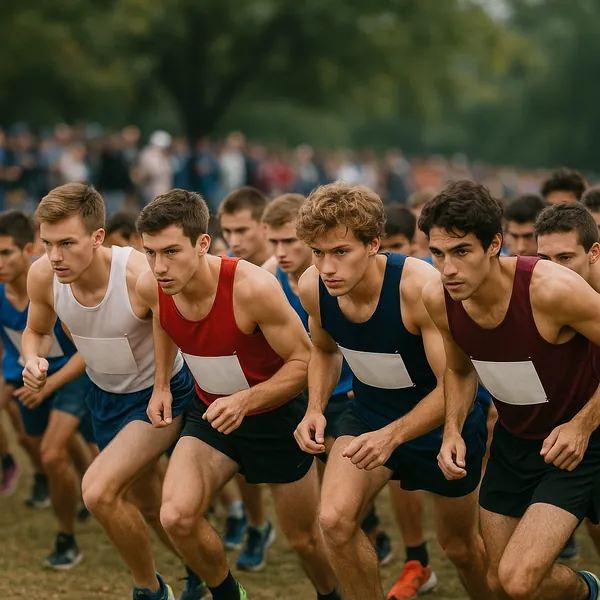Enjoy an online jigsaw puzzle designed for browser play, featuring an energetic sports scene of cross-country runners at the starting line.